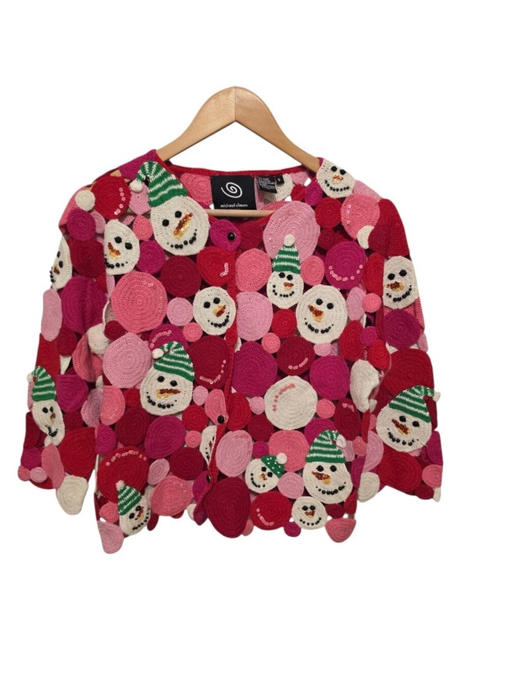 Michael Simon Vintage Art To Wear Snowman Christmas Crochet Cardigan Sweater S